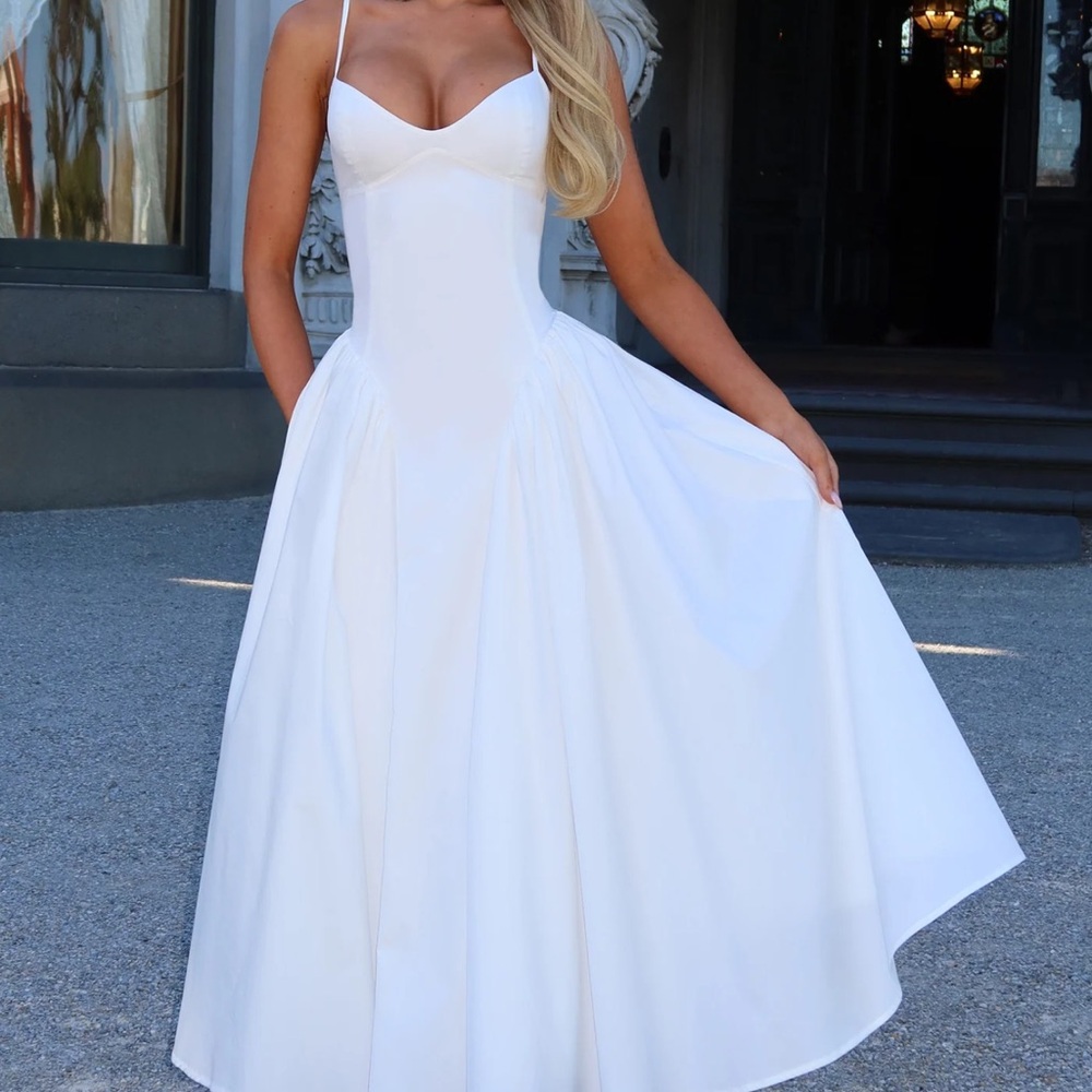 NWT! Elegant White Emerson Midi Dress for Bridal Shower, Rehearsal/Wedding